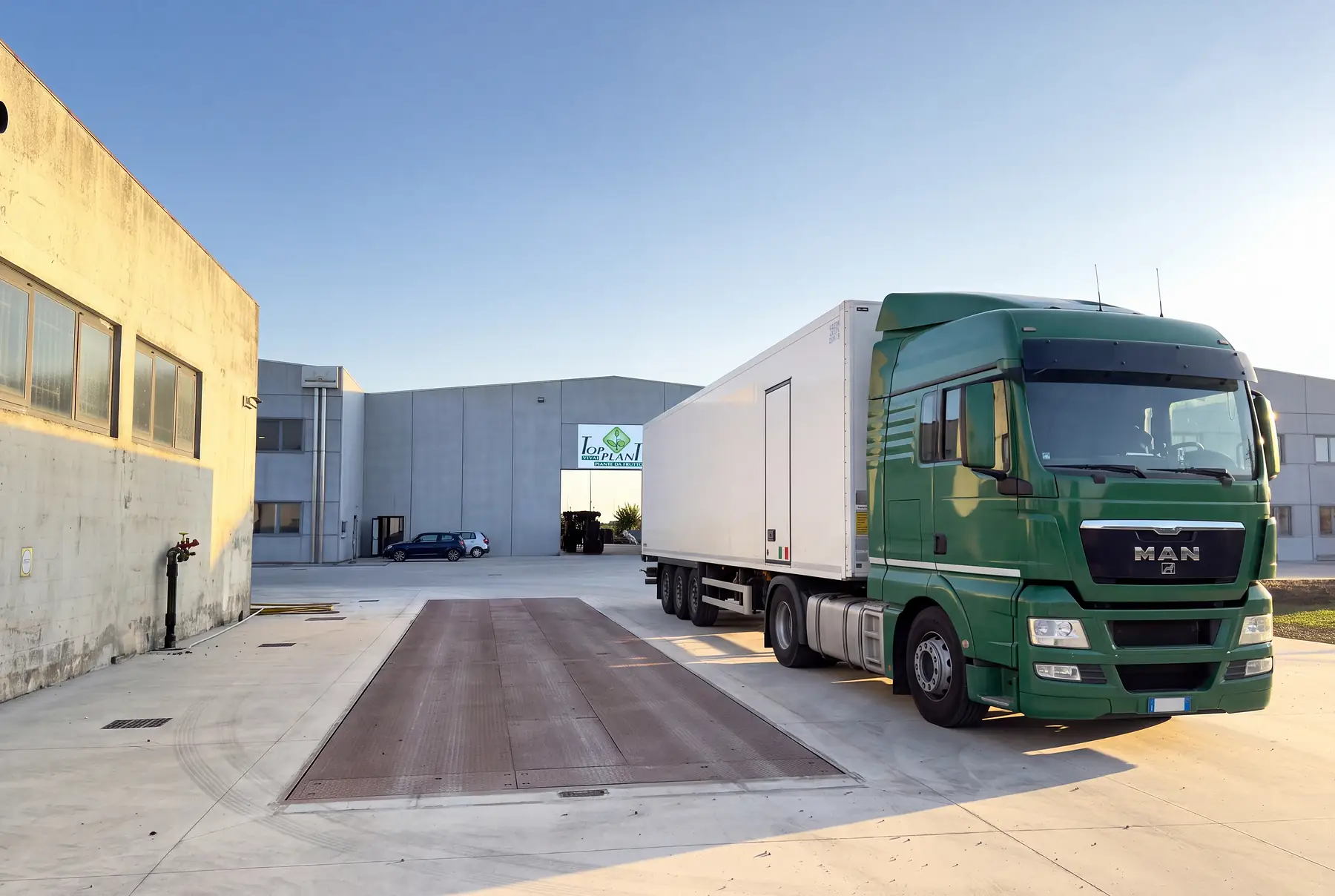 Camion frigorifique devant l'entrepôt Top Plant, prêt pour l'expédition