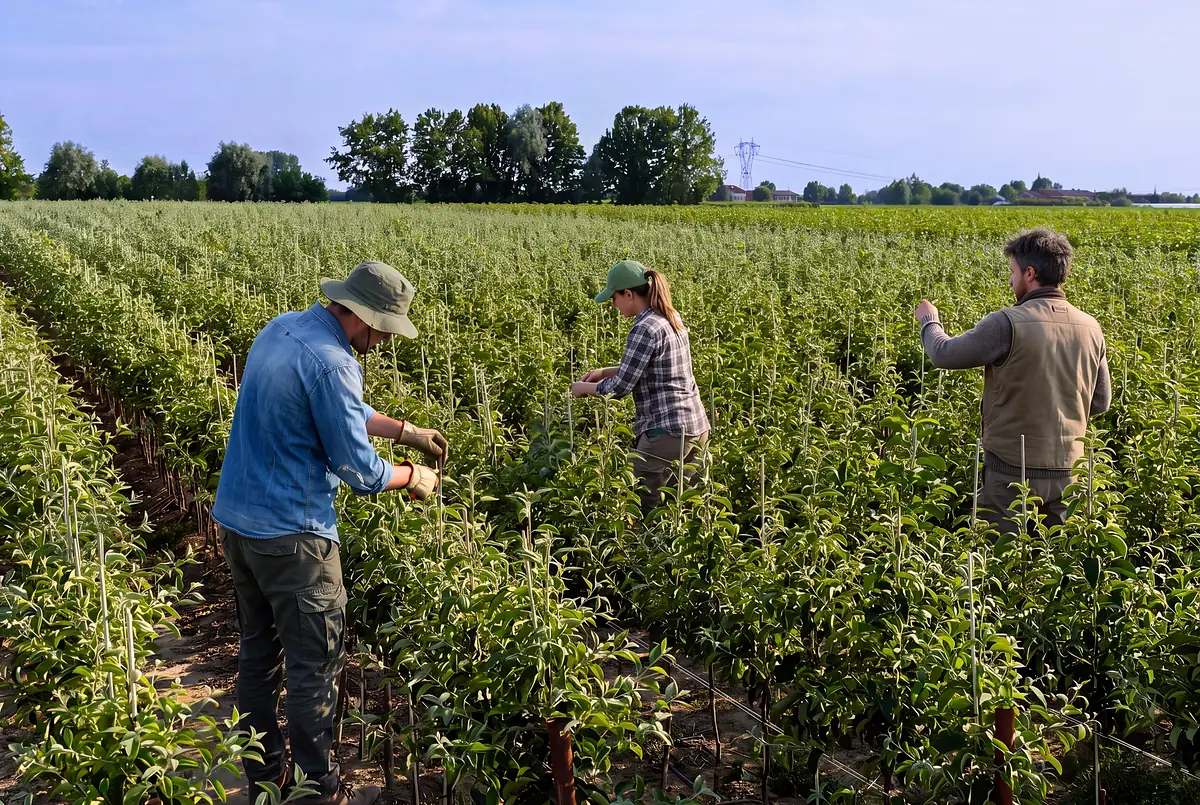Trois techniciens Top Plant au travail entre les rangs de jeunes plants en pépinière