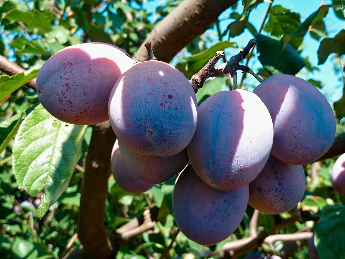 Grappe de prunes President sur la branche, avec le ciel en arrière-plan