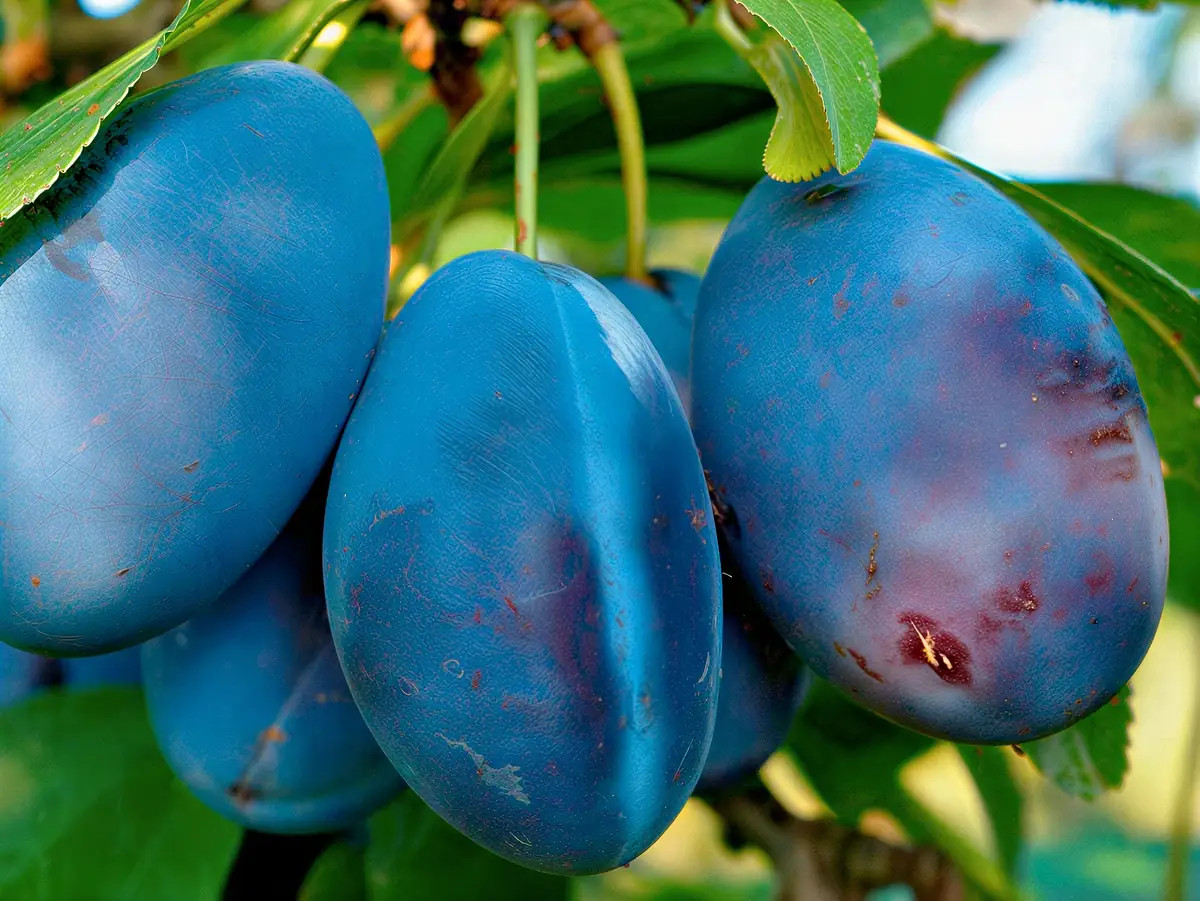 Trois prunes Stanley mûres suspendues à la branche