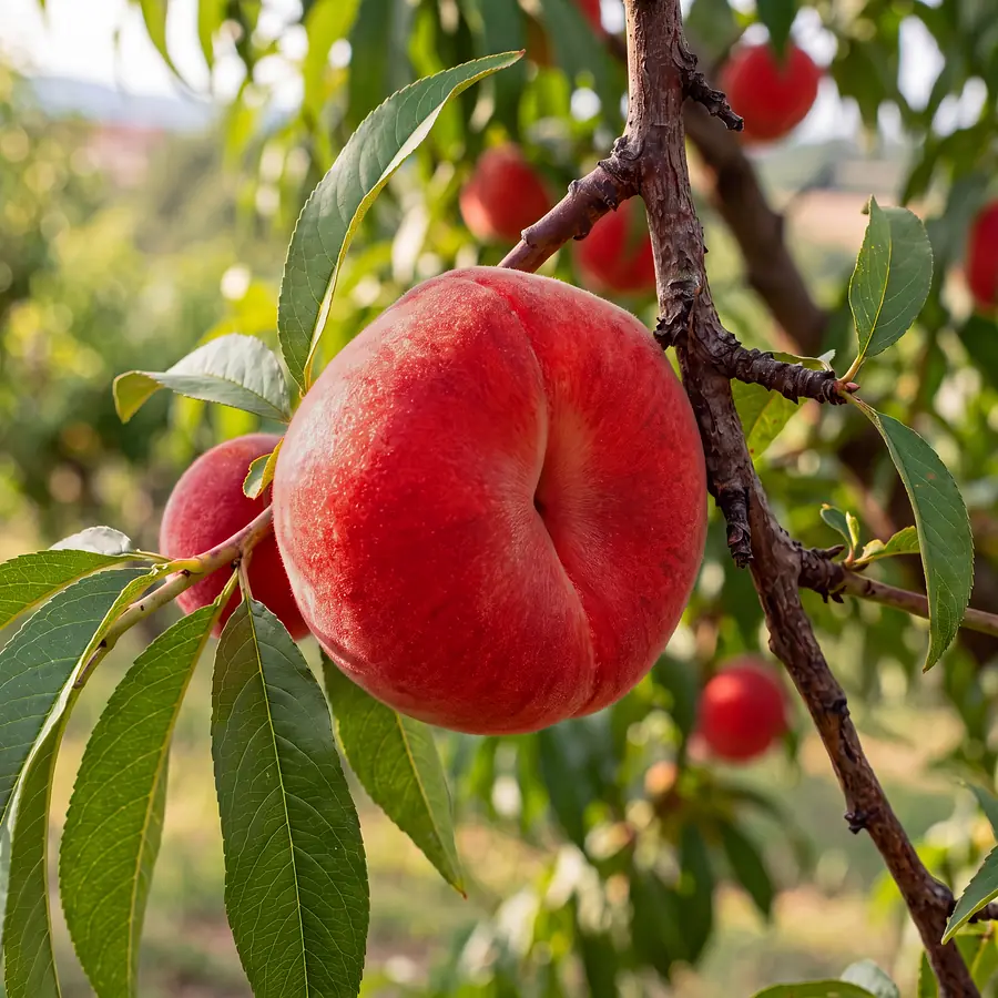 Fruits sur l'arbre : pêches et nectarines plates